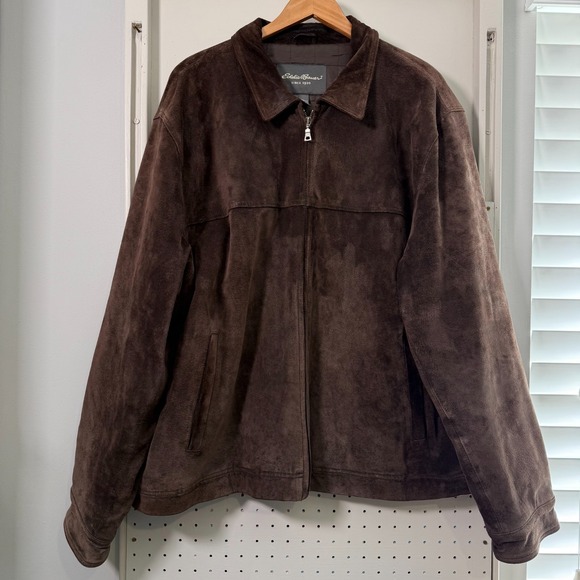 Vintage Eddie Bauer Suede Bomber Jacket Mens Chocolate Brown Quilt-Lined - 2XL
